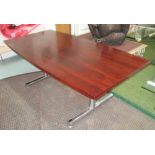 PIEFF DINING TABLE, circa 1970, with veneered bowsided top on twin chrome supports,