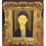 AFTER AMEDEO MODIGLIANI, 'Boy with blue hat', oil on canvas, 46cm x 35cm, framed.