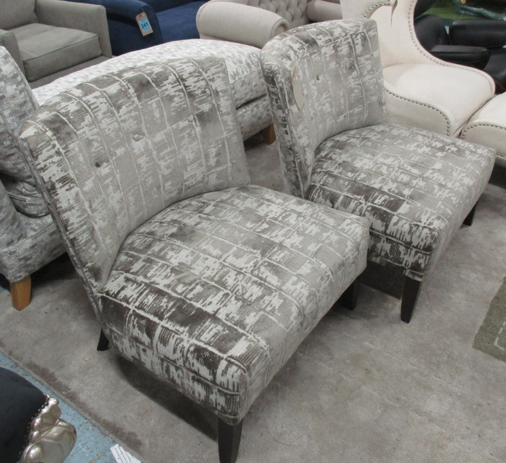 EASY CHAIRS, a pair, in beige fabric on square ebonised supports, 79cm W.