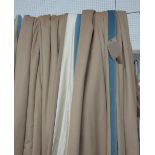 CURTAINS, two pairs, lined and interlined, camel coloured with blue leading edge, approx.