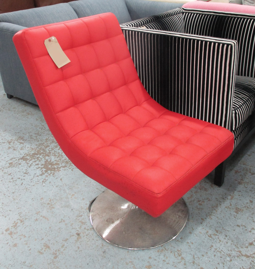 EASY CHAIR, red seat, on chromed metal swivel support, 54cm W (with faults).