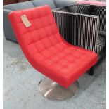 EASY CHAIR, red seat, on chromed metal swivel support, 54cm W (with faults).