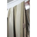 CURTAINS, three pairs, broad olive coloured stripes, lined and interlined,