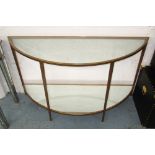 CONSOLE TABLE, demi lune, with glass top and mirrored undertier, on a gilt metal base,