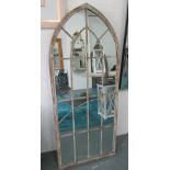 ARCHITECTURAL GARDEN MIRRORS, a pair, gothic style, in distressed effect painted metal frames,