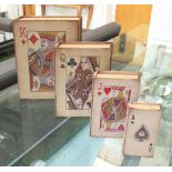 STORAGE BOOKS, a set of four, playing card designs in antiqued bindings, lined interiors,