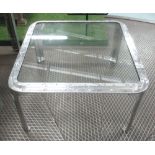 LOW TABLE, with glass top on chromed metal supports, 86cm x 92cm x 44cm H.