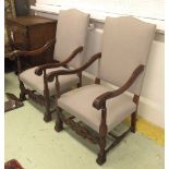 FAUTEUILS, a pair, Louis XIV style beechwood with carved show frames newly upholstered in grey,