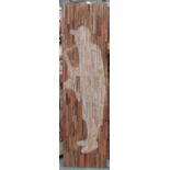WOODEN WALL PLAQUE, of man playing a saxophone, 183cm x 50cm.