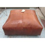 POUFFE, in tanned leather with leather stitch work and handle, 68cm x 68cm x 28cm H.