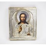 RUSSIAN ICON, depicting Christ Pantocrator, decorative hallmarked silver oklad.