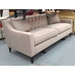 SOFA, two seater button back in beige on square supports with two cushions,