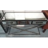 MIRRORED CAMPAIGN STYLE CONSOLE TABLE, with three drawers below,