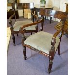 OPEN ARMCHAIRS, a pair, Regency mahogany with brass trimmed grey velvet seats and reeded legs,