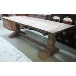 REFECTORY TABLE, Rustic style with a rectangular top on trestle end supports joined by a stretcher,