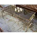 LOW TABLE, 1970's Nichel silvered stepped support and rectangular sepia glass,