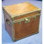 TRUNK, vintage tan leather and brass studded with hinged top and side handles,