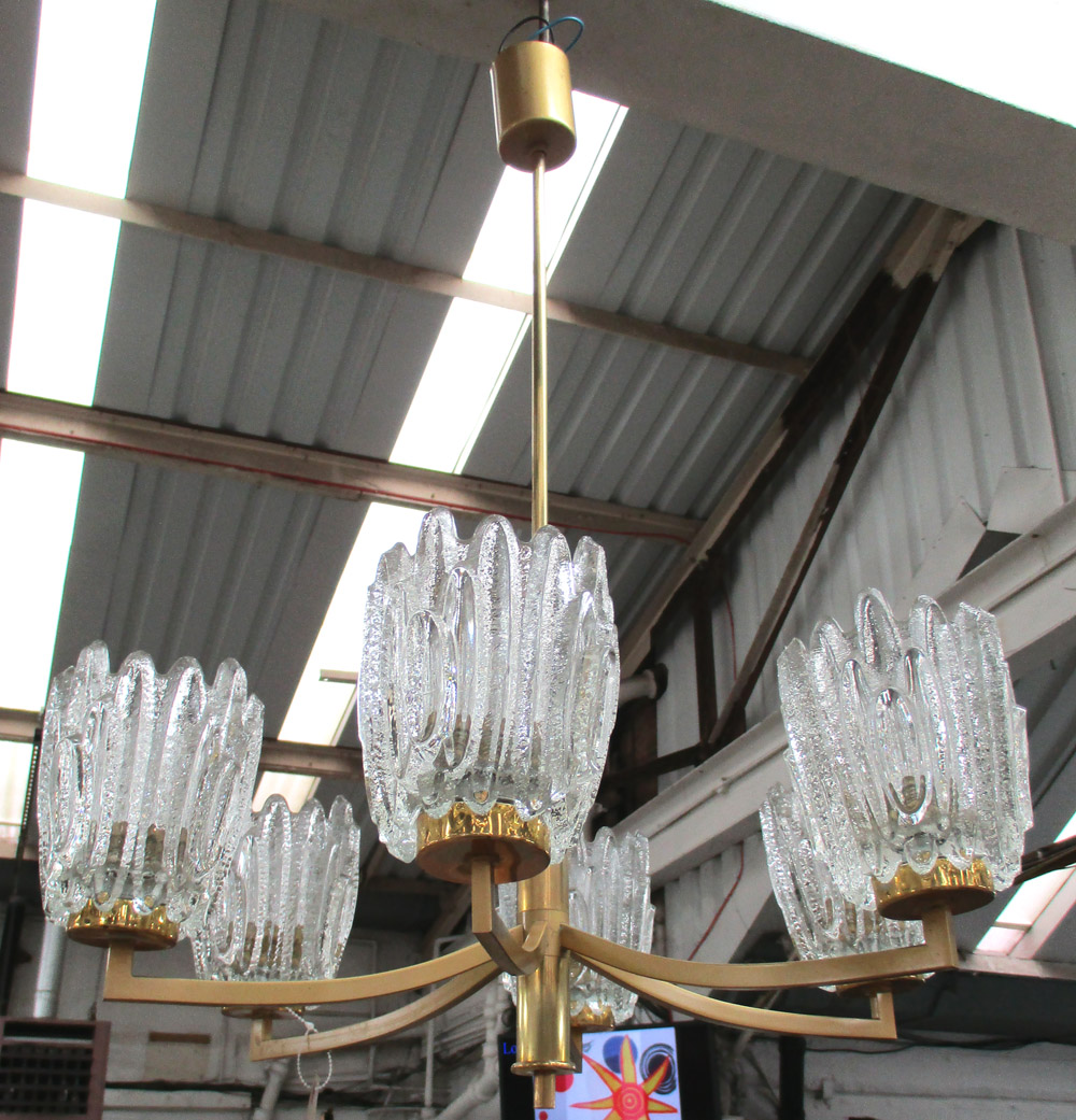 CHANDELIER, 1970s German, Eisglas on gilt frame, possibly Kalmar, 75cm H x 60cm W.