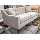 SOFA, two seater button back in beige on square supports with two cushions,