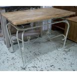 CONSERVATORY TABLE, grey painted metal with rectangular pine top, 82cm H x 117cm W x 66cm D.