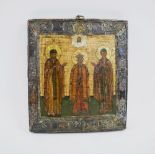 RUSSIAN ICON, painted on wooden panel, depicting three saintly figures,