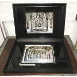 DECOUPAGE PICTURES, two, of monastic architecture behind glass, 60cm x 80cm.