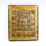 RUSSIAN ICON, painted on wooden panel with multiple vignettes from the life of Christ,