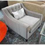 ARMCHAIR, in grey fabric button back on square supports with cushion, 79cm W.