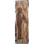 WOODEN WALL PLAQUE, of boy playing a flute, 183cm x 50cm.