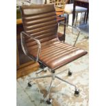 REVOLVING DESK CHAIR, Charles Eames design, in ribbed leaf brown leather,