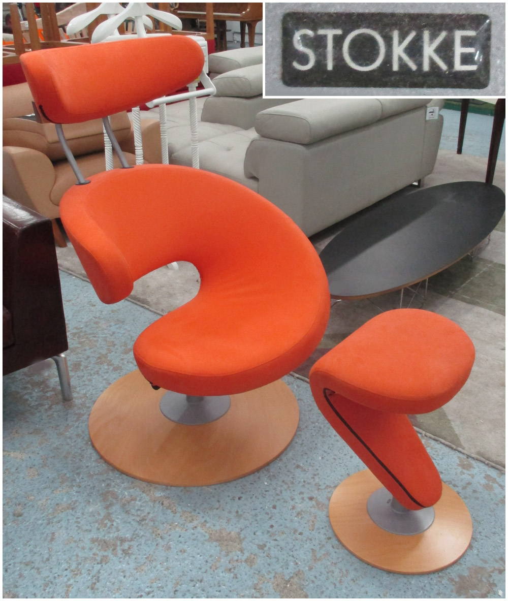 PEEL CHAIR & STOOL, by Stokke, in an orange fabric finish, with laminate base structure,