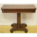 CARD TABLE, William IV rosewood, with green baize lined foldover top, on turned column,