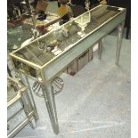 MIRRORED CONSOLE TABLE, on square supports, 140cm x 35cm x 80cm H.