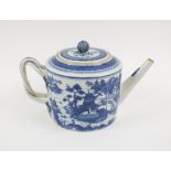 CHINESE TEAPOT, 18th century blue and white ceramic decorated a landscape with river and buildings,