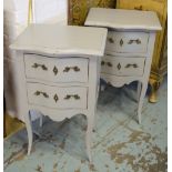 BEDSIDE CHESTS, a pair, Louis XV style grey painted, each with two serpentine drawers,