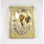 RUSSIAN ICON, with hallmarked silver oklad, depicting Mother of God and baby Christ,