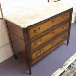 COMMODE, rare Louis XVI walnut, circa 1790, with white marble top above three drawers,