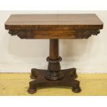 CARD TABLE, William IV rosewood, with green baize lined foldover top,