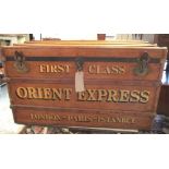 TRUNK, early 20th century with rising lid with gilt lettering 'First Class, Orient Express',