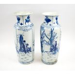 CHINESE VASES, a pair, blue/white ceramic, decorated figure scenes in panels, 39cm H.