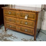 COMMODE, 18th century walnut, olivewood and marquetry, probably Maltese, with three long drawers,