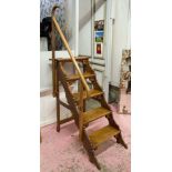 LIBRARY STEPS, Victorian pitch pine with six steps and hand rail 163cm H x 53cm W x 105cm D.