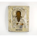 RUSSIAN ICON, with hallmarked silver oklad, 18cm H x 15cm W.