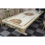 DINING TABLE, French Baroque style, glass top over floral decoration painted with gilded motifs,