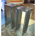 CONTEMPORARY STANDS, a pair, Radiator design slatted polished steel, 35cm W x 89.5cm H x 34.5cm D.