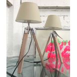 NAUTICAL DESIGN TABLE LAMPS, a pair, wood and metal tripod base with tapered white drum shades,