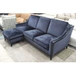 SOFA AND FOOTSTOOL, Contemporary, in a rich Prussian blue velvet with ebonised details.