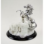 LIQUOR SET BY CHINELLI, silvered metal of rearing horse form with glass decanter and six glasses,