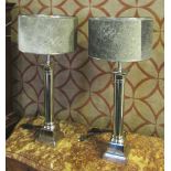 TABLE LAMPS, a pair, Classical column style chrome with shades, 71cm H.