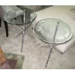 SIDE TABLES, a pair, glass tops on metal faux bamboo supports.